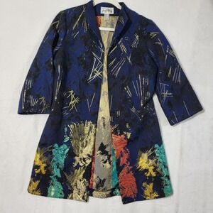 Joseph Ribkoff Coat Womens 6 Multicolor Metallic Art Jacquard Open Front Chic